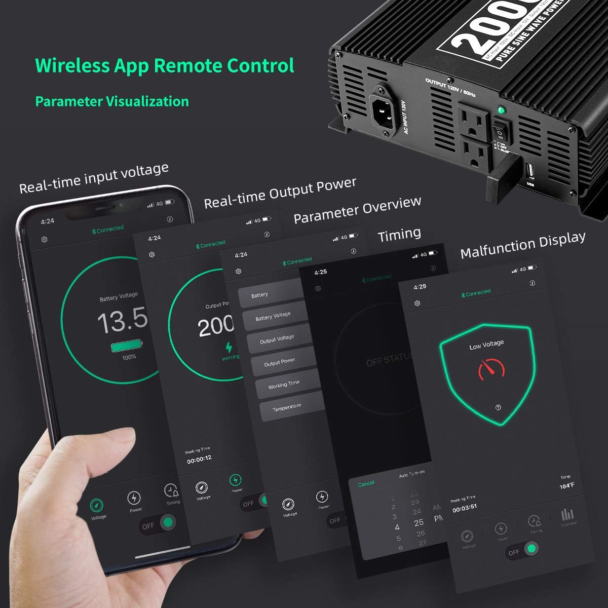 POTEK 2000W Pure Sine Wave Inverter with Automatic Transfer Switch 12V DC to 120V AC and Bluetooth
