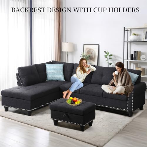 L Shaped Sectional Couch with Recliner, Modern Sleeper Sofa with Movable Storage Ottoman, Stylish Living Room Furniture Set with 2 Cup Holders and 2 Pillows for Home, Charcoal Grey