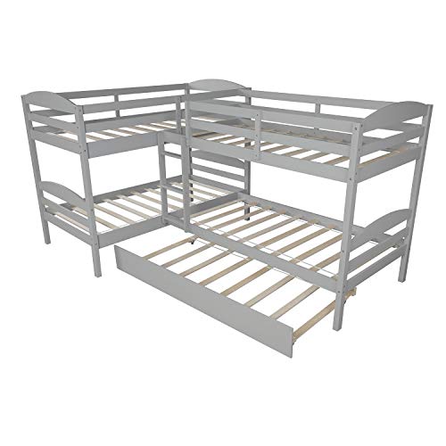 Four Bunk Bed Twin-Over-Twin-Over-Twin-Over-Twin L Shaped Bunk Bed with Trundle, Bunk Bed Can be Divided into 2 L-Shaped Beds for Accommodating 5, Family, Teens, No Box Spring Needed