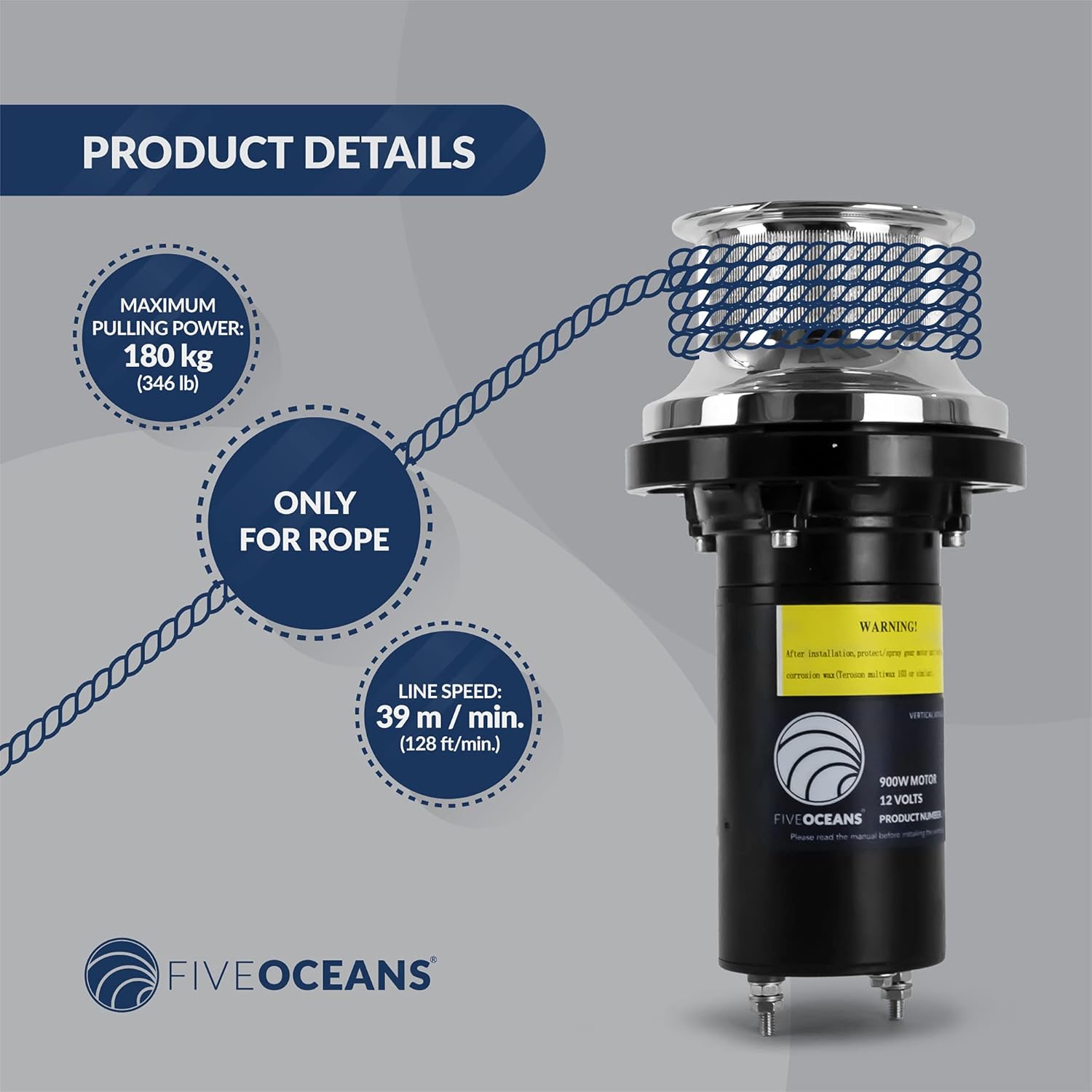 Five Oceans Arctic Capstan 900 Watts Powerful Vertical Mounted Winch AISI316 Stainless Steel, Marine Grade Aluminunm Base Plate, Easy Installation 12 Volts, Ideal for Mid Size Boats Mooring FO-3716