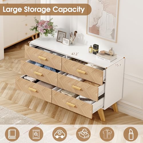 6 Drawer Dresser for Bedroom, Rustic Brown Wooden Double Dresser, Wide Dressers & Chests of Drawers, Large Storage Organizer Cabinet for Hallway, Burlywood&White