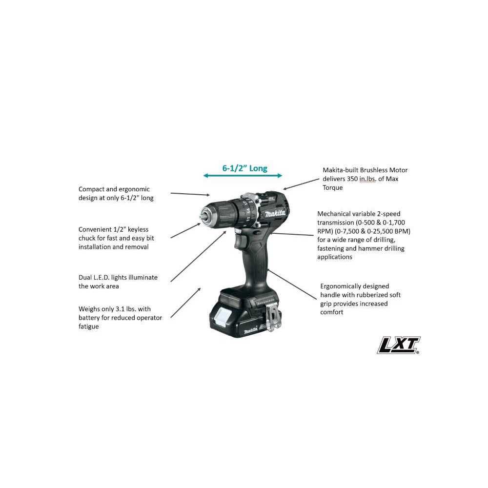 Makita XFD15ZB 18V LXT Lithium-Ion Sub-Compact Brushless Cordless 1/2 Driver-Drill