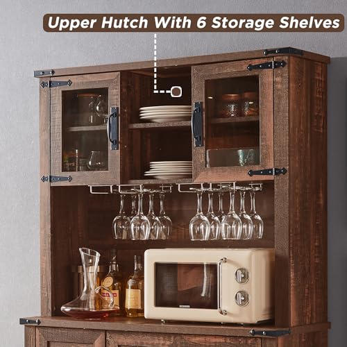 OKD 72" Farmhosue Bar Cabinet with Sliding Barn Door, Large Kitchen Buffet with Hutch w/Wine & Glasses Rack, 3 Drawers, 12 Storage Shelves, Rustic Coffee Bar Sideboard Table, Antique Brush White