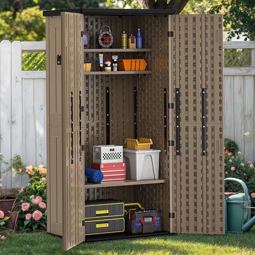 YITAHOME Outdoor Storage Cabinet with 2 Shelves, Waterproof Resin Horizontal Tool Shed, Lockable 15 cu. ft. Storage Shed for Patio, Garden, Yard, Dark Gray