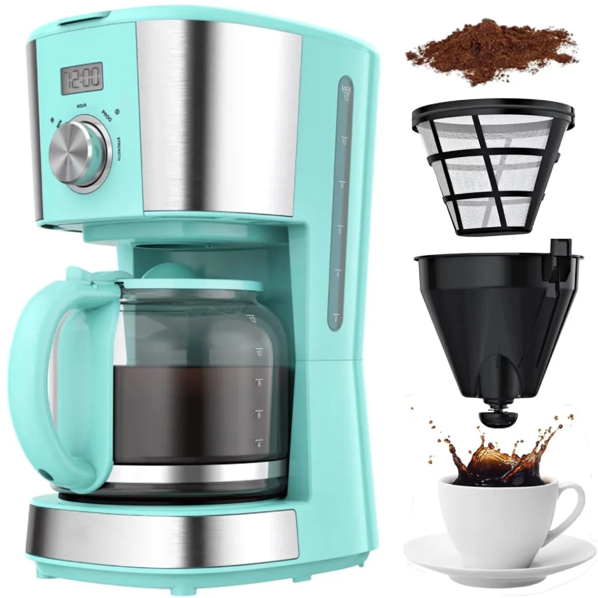 12-Cup Programmable Coffee Maker,  Drip Coffee Machine Coffee Brewer with Timer, Anti-Drip Pot, Reusable Filter, Auto Keep Warm Function for Home Office, Blue