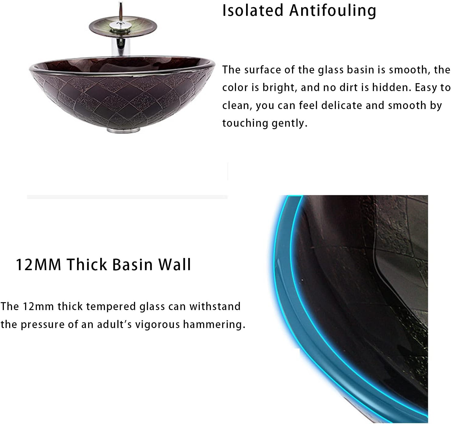 Bathroom Vessel Sink, American Style Tempered Glass Round Vessel Sink with Waterfall Faucet and Pop Up Drain, Counter Top Installation,B