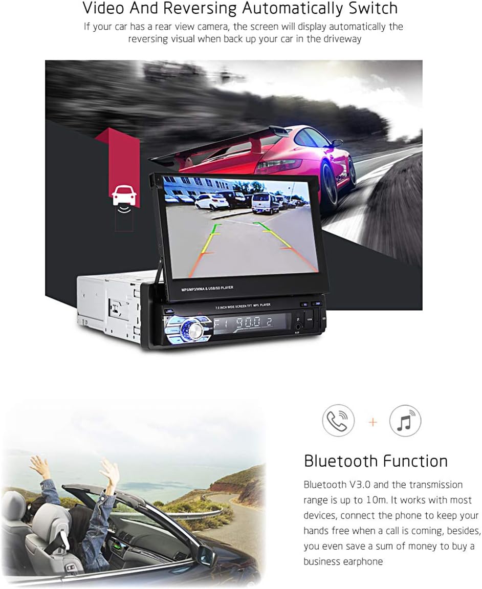 CarThree Single Din Car Stereo Touch Screen 7 Inch Car Radio Touch Screen with Bluetooth AUX/USB/TF Car FM Radio Receiver MP3/MP4/MP5 Player 1080P Single Din Stereo Support Backup Camera