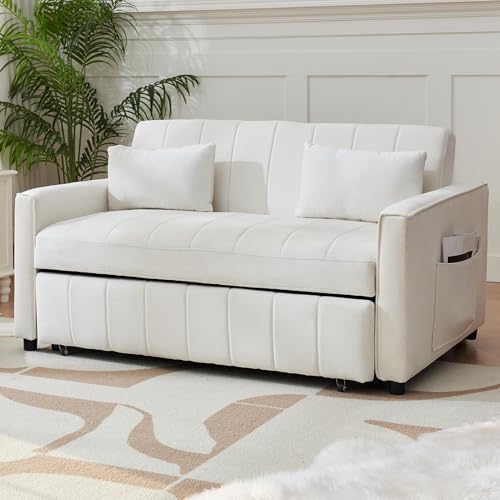 Convertible Sleeper Sofa Bed, 55.51" Modern Velvet 3-in-1 Futon Couch, Pullout Bed with Adjustable Backrest, Storage Pockets and Toss Pillows for Living Room, Bedroom (Black)
