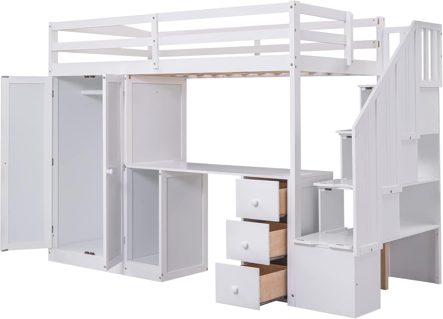 Twin Loft Bed with Stairs and Wardrobe, Wooden Twin Size Loft Bed with Desk Underneath, Loft Bed with Storage Staircase and Shelves for Girls Boys Teens,White