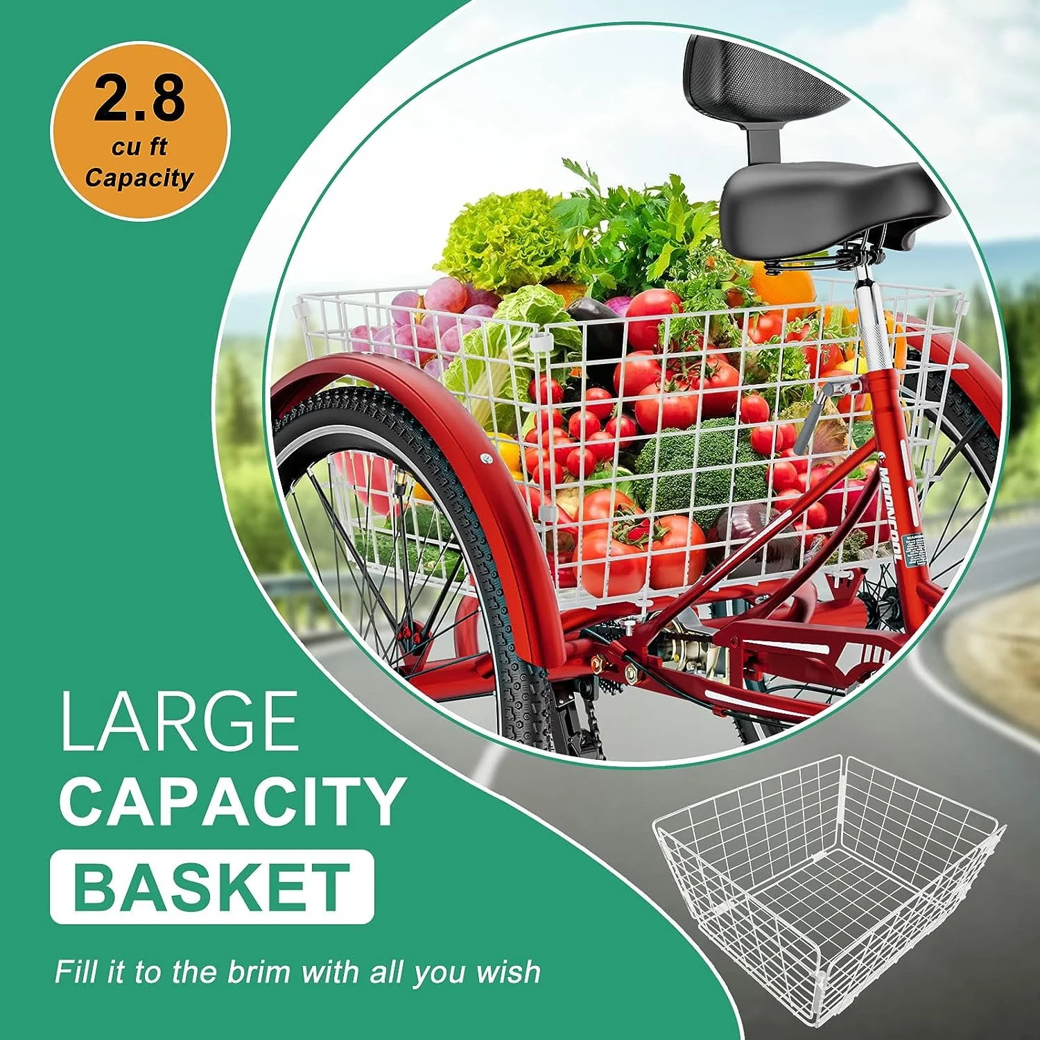 FICISOG 26 Adult Tricycle, 3 Wheel 7 Speed Bikes,450lbs Capacity Cruise Trike with Shopping Basket