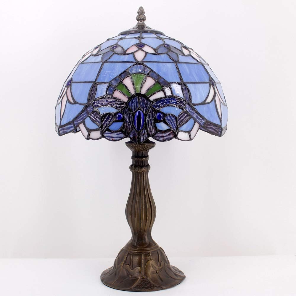WERFACTORY Tiffany Lamp Stained Glass Table Lamp 12X12X18 Inches Blue Purple Baroque Style Lavender Bedside Reading Desk Light Decor Bedroom Living Room Home Office S003C Series