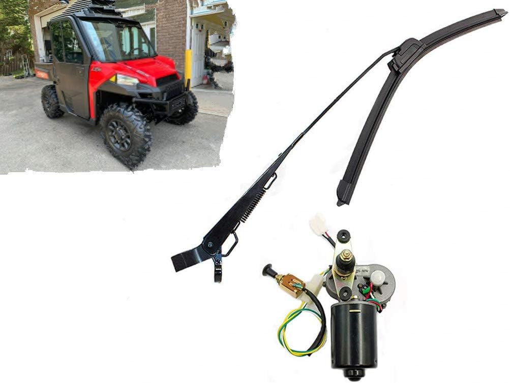 Qarmar Universal 12V Electric Wiper Motor Assembly Universal UTV Hard Coated Polycarbonate Windshield Wiper Arm Wiper Blade Motor Kit with Automatic Return Function （350mm/400mm） Pack of 2