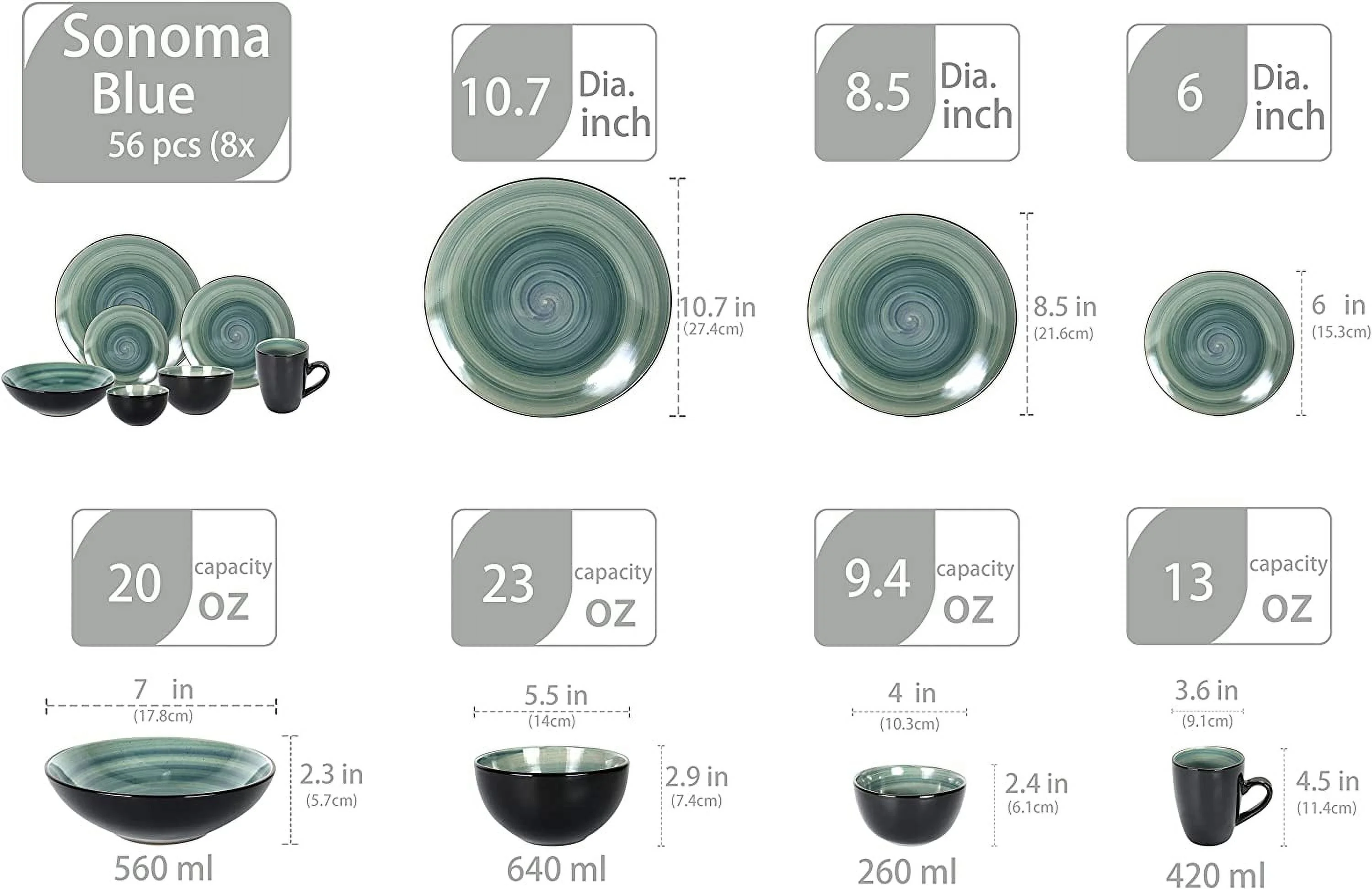 Stoneware Sonoma Dinnerware Set Black + Speckled Spin Wash (56Pc Set Mix Blue Green Red Yellow)