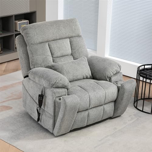 Light Grey Recliner Chair for Elderly | Tall and Big Man 400lbs | Chenille | Power Lift, Lay Flat, Stand Up, Wireless Charging Device, Extended Footrest, Massage Heat, Cup Holder, Lumbar Pillow