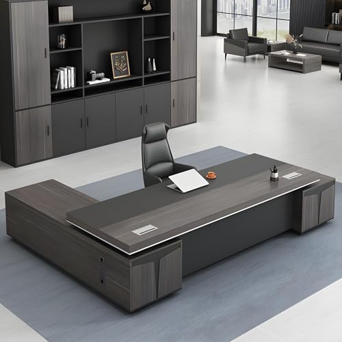 Modern Large Executive Desk with Drawer, L-Shaped Computer Desk Office Desk Home Office Furniture with Drawers Rustic Computer Table for Home Office with USB Power Outlet Storage Cabine