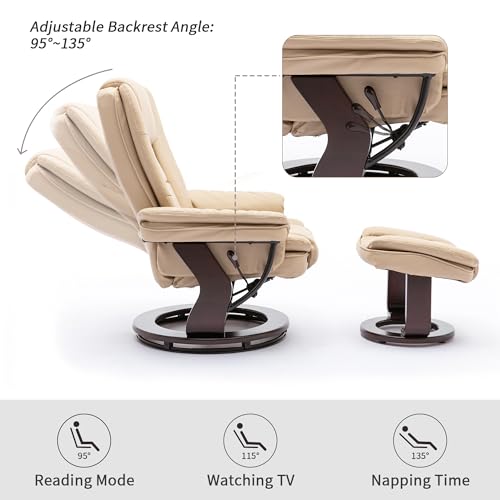 Swivel Recliner Chair with Ottoman Footrest Leather Adjustable Stressless Armchair, Beige