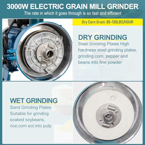 NAIZEA Grain Mills Wet Dry Cereals Grinder, Electric Grain Mill Grinder Corn Mill, Heavy Duty 3000W 110V Commercial Grain Grinder Machine, Wheat Feed Mill Flour Mill with Funnel (Dry & Wet Grinder)