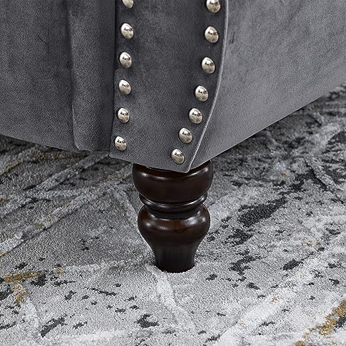 80" Grey Velvet Chesterfield Sofa for Living Room,2 Pcs 3 Seater Sofa Button Tufted Nailhead Trimming Curved Backrest Rolled Arms with Silver Metal Legs with 4 Pillows