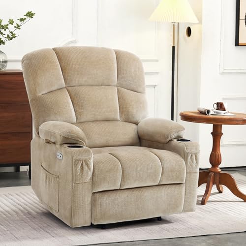 MCombo Large Dual Motor Power Lift Recliner Chair for Elderly, Massage and Heat, Lay Flat, Zero Gravity, Home Button, USB Port, Fabric 7680 (Large, Beige)