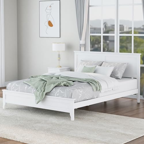Wood Bed Frame with Headboard Wood Platform, No Box Spring Needed,White (Queen (U.S. Standard))