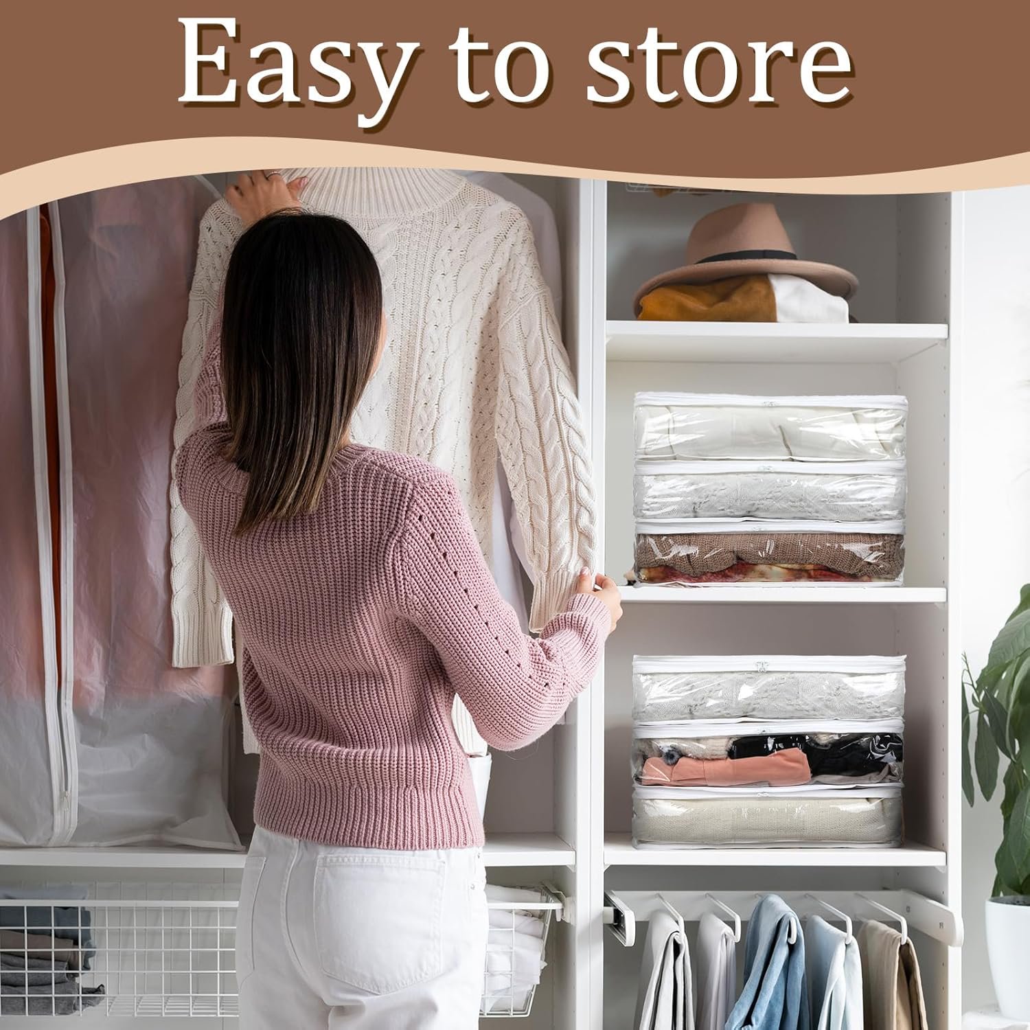 10 Packs Clear Zippered Storage Bags Durable Plastic Sweater Clothing Organizer Under Bed Closet Containers Bins for Blankets Clothes Bedsheets Pillows Comforter Quilt (15.7 x 13.8 x 3.9 Inch)