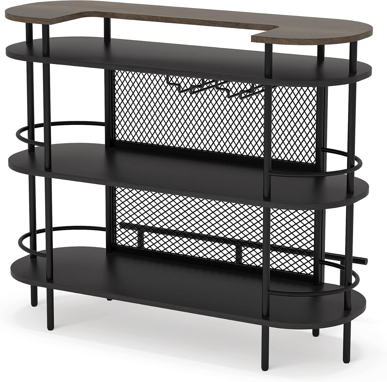 4 Tier Bar Cabinet Bar Unit for Liquor with Storage Shelves, Foot Rail and Wine Glasses Holder for Home/Kitchen/Bar/Pub, Black and Walnut