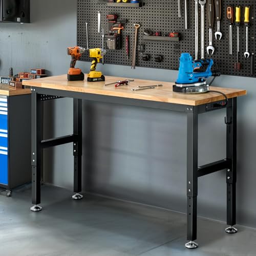 Workbench for Garage 48 Inch Work Bench Table Adjustable Height Rubberwood Tabletop Work Table with Power Outlets for Woodworking Shop Home Office Electronic Cutting Wood