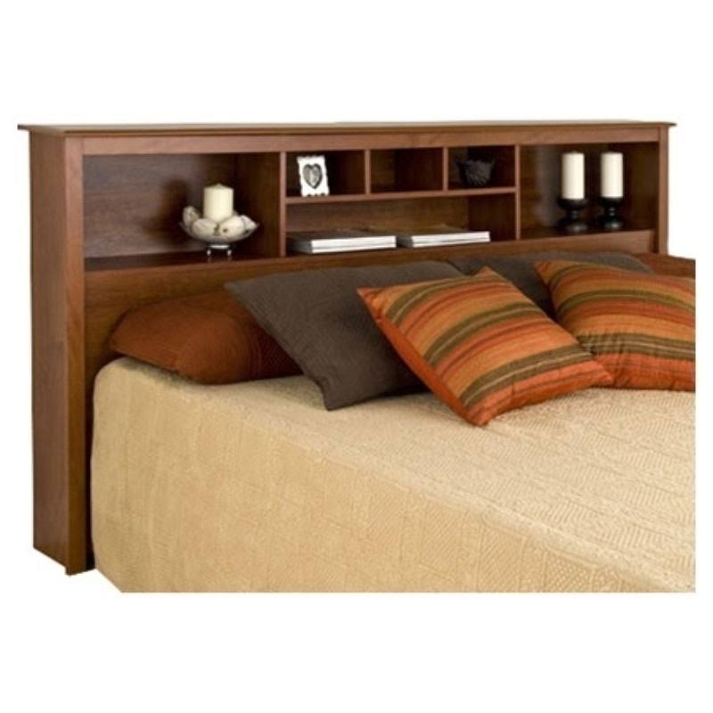 King Size Bookcase Headboard with Adjustable Shelf in Cherry Finish - Brown