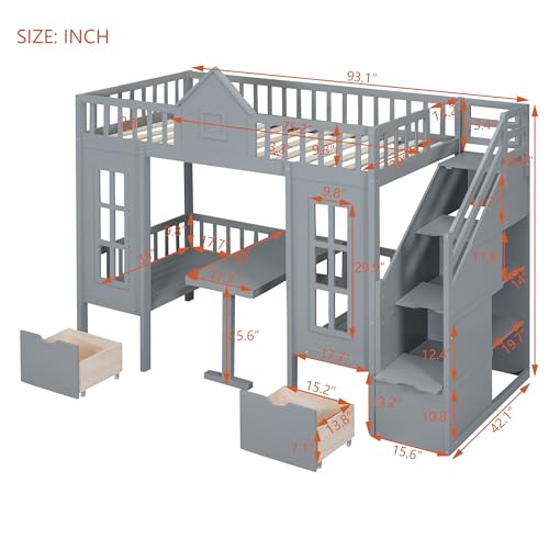 Full Over Full Bunk Beds with Stairs for Kids/Teens, Wooden Convertible Bunk Bed with 2 Storage Drawers, Down Bed Can be Turned Into Desk and Seat, White