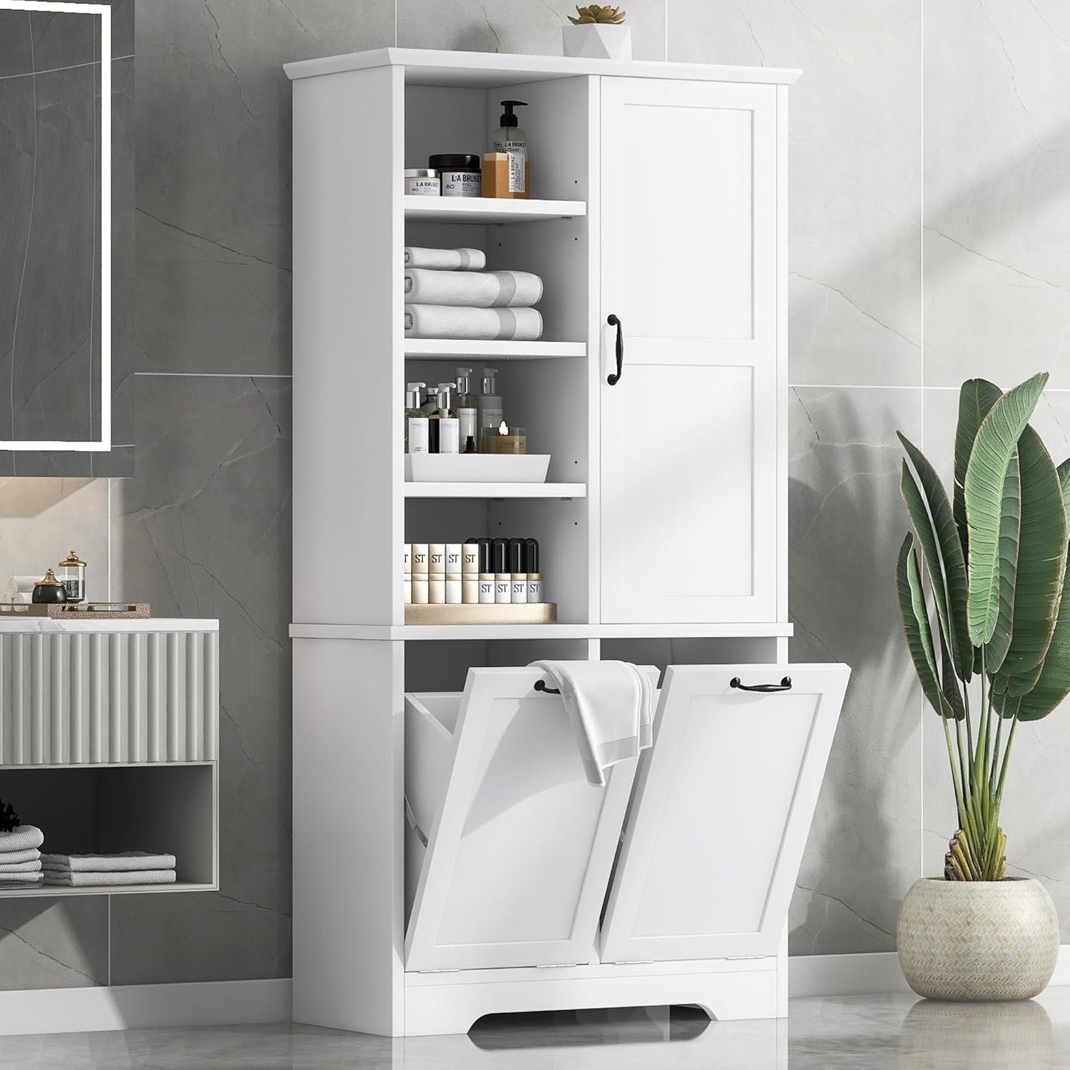 Merax Bathroom Storage Cabinet with Laundry Hamper, Open Shelf, Tall Freestanding Organizer for Home, White