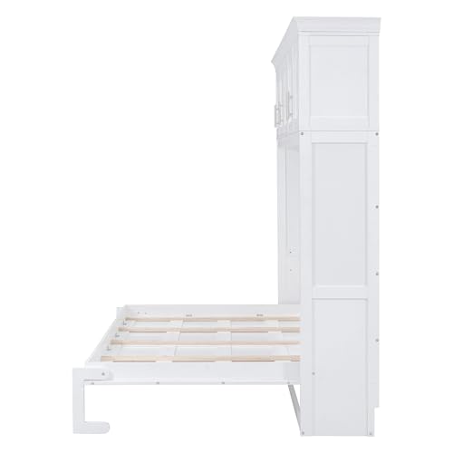 Full Murphy Bed with Cabinets, Full Size Murphy Bed Cabinet Bed, Solid Wood Wall Bed, Hidden Murphy Beds Foldable Platform Bed Frame, Horizontal Murphy Bed for Guest Room or Home Office, Grey