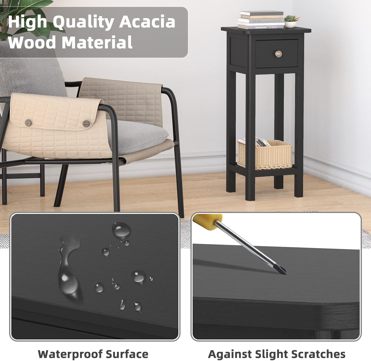 GORELAX Narrow End Table, Tall Nightstands Set of 2 with Drawer & Shelf, Slim Bedside Tables w/Anti-Tipping Device, No Assembly, Wooden Small Side Table for Small Space, Living Room, Bedroom, Black
