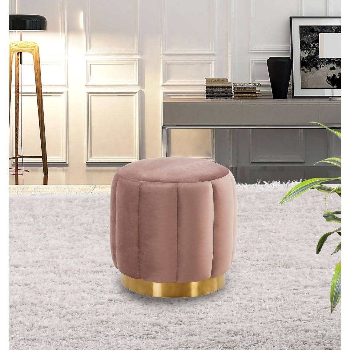 LeisureMod Franklin Round Velvet Ottoman Footrest with Gold Base - Purple