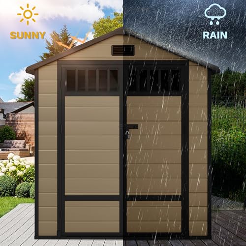 DWVO 6x4.4 FT Resin Storage Shed with Fence-Style and Side Windows, Lockable Door, and Vents for Garden, Backyard, Patio, Lawn, Brown
