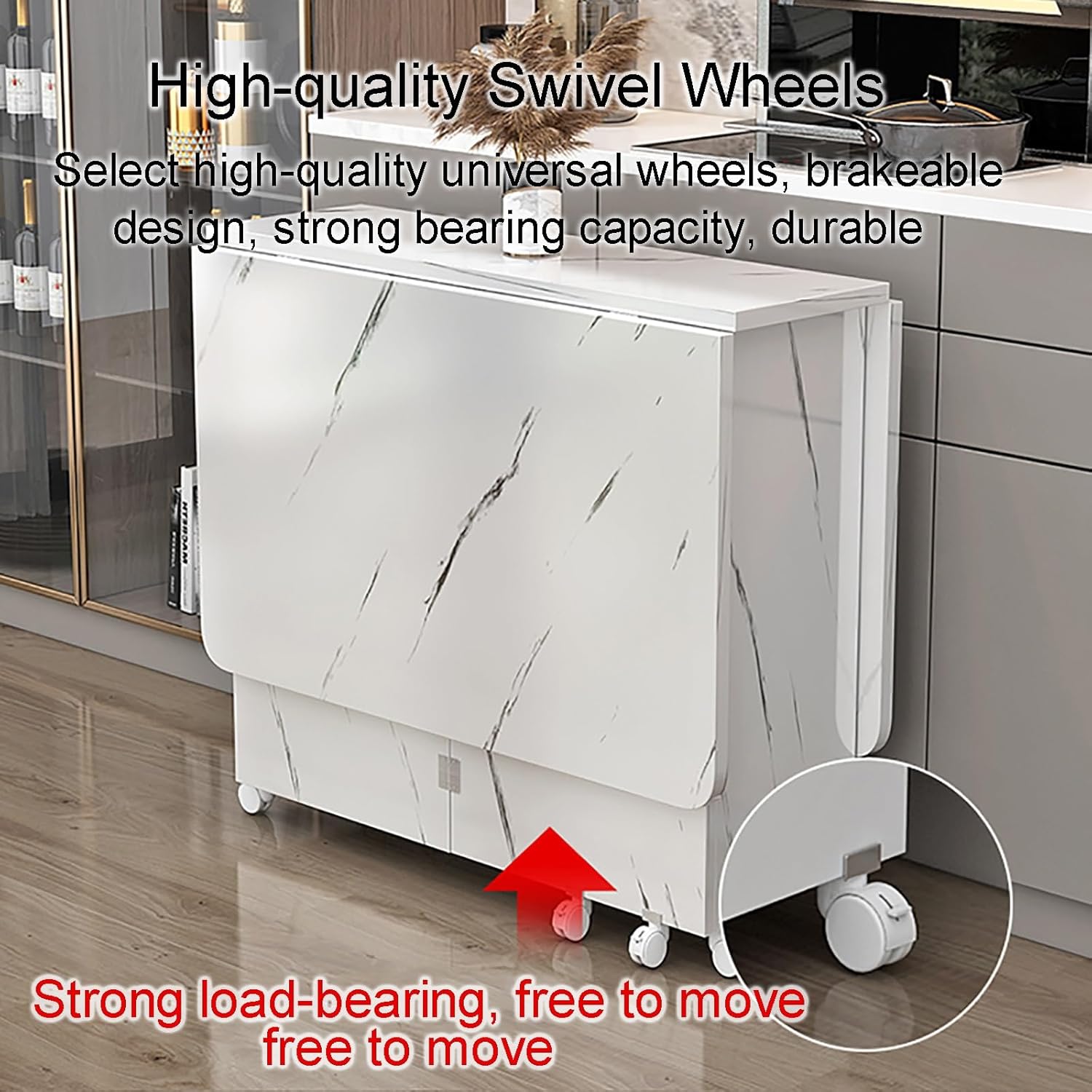 Extendable Drop Leaf Folding Dining Table, Modern Folding Table Drop Leaf Dining Table with 8 Wheels and 2-Layer Storage Shelf, Multifunction Expandable Table for Kitchen, Bedroom, Living Room