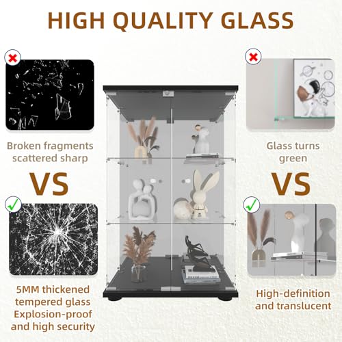 Glass Display Cabinet, 4-Shelf 3 Doors with Mirror & Lock, Tempered Glass Curio Display Cabinet Standing Glass Bookshelf Showcase for Bedroom, Living Room, Black
