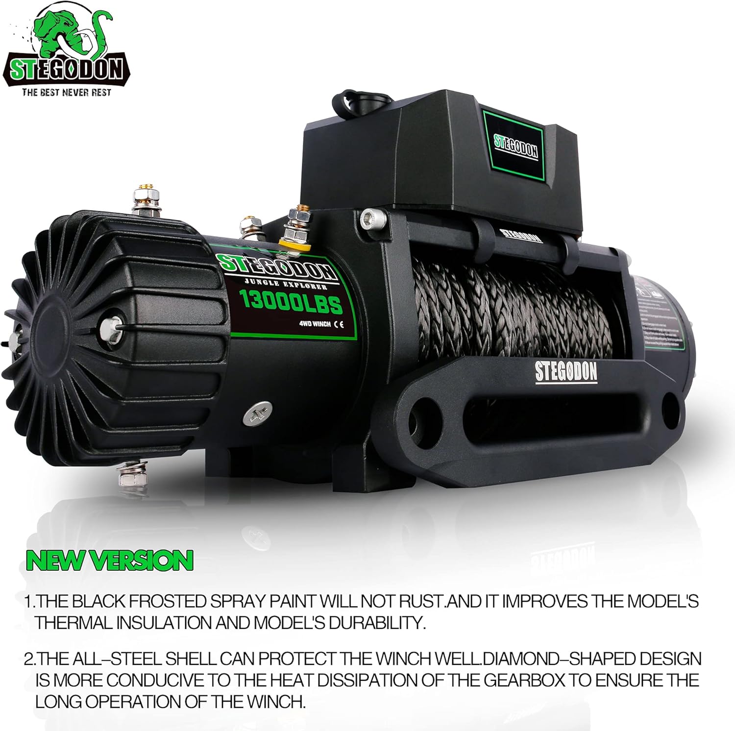 STEGODON New 13000 lb. Load Capacity Electric Winch T3,12V Synthetic Rope Electric Winch with Hawse Fairlead,Waterproof IP67 Winch with Wireless Handheld Remotes and Wired Handle(All Black)