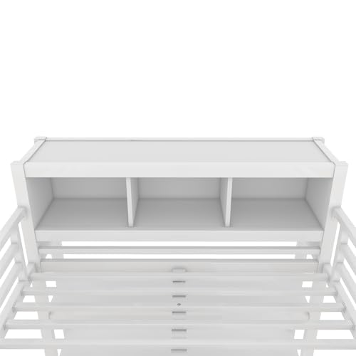 Linique Metal Loft Bed with Wardrobe & L-Shaped Desk - Sturdy Space-Saving Loft Bed Includes Storage Cubes, Shelves for Kids, Teens, Adults (White, Queen)