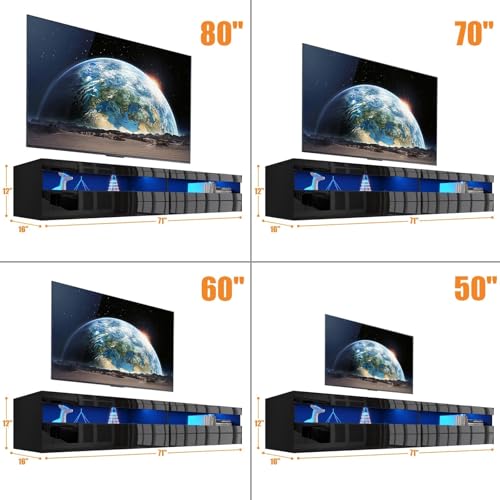 Floating TV Stand,70" Floating Entertainment Center High Glossy with LED Lights,Floating TV Stand Up to 80 Inch TVS,Wall Mounted TV Stand Media Console for 55+ inch TV,APP Control