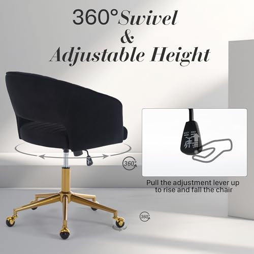 Home Office Swivel Desk Chair, Modern Corduroy Desk Chair, Height Adjustable Armchair with Gold Base, Ergonomic Office Chair for Living Room Vanity Study Computer Room, Black