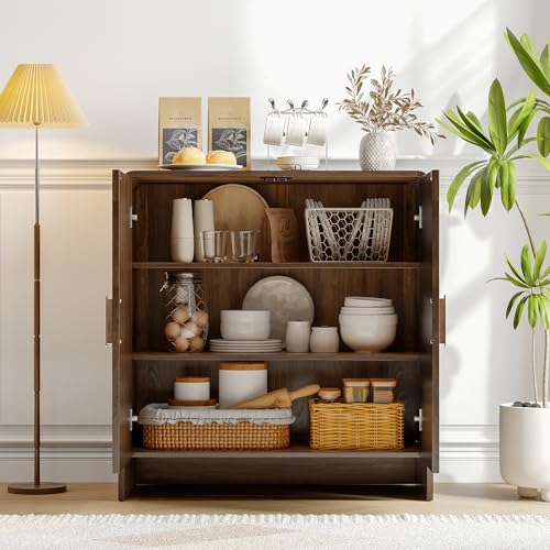 60" Sideboard Buffet Cabinet with Storage, Curved Design Farmhouse Coffee Bar Cabinet with 4 Doors & Adjustable Shelves for Living Room, Kitchen, Hallway, Walnut