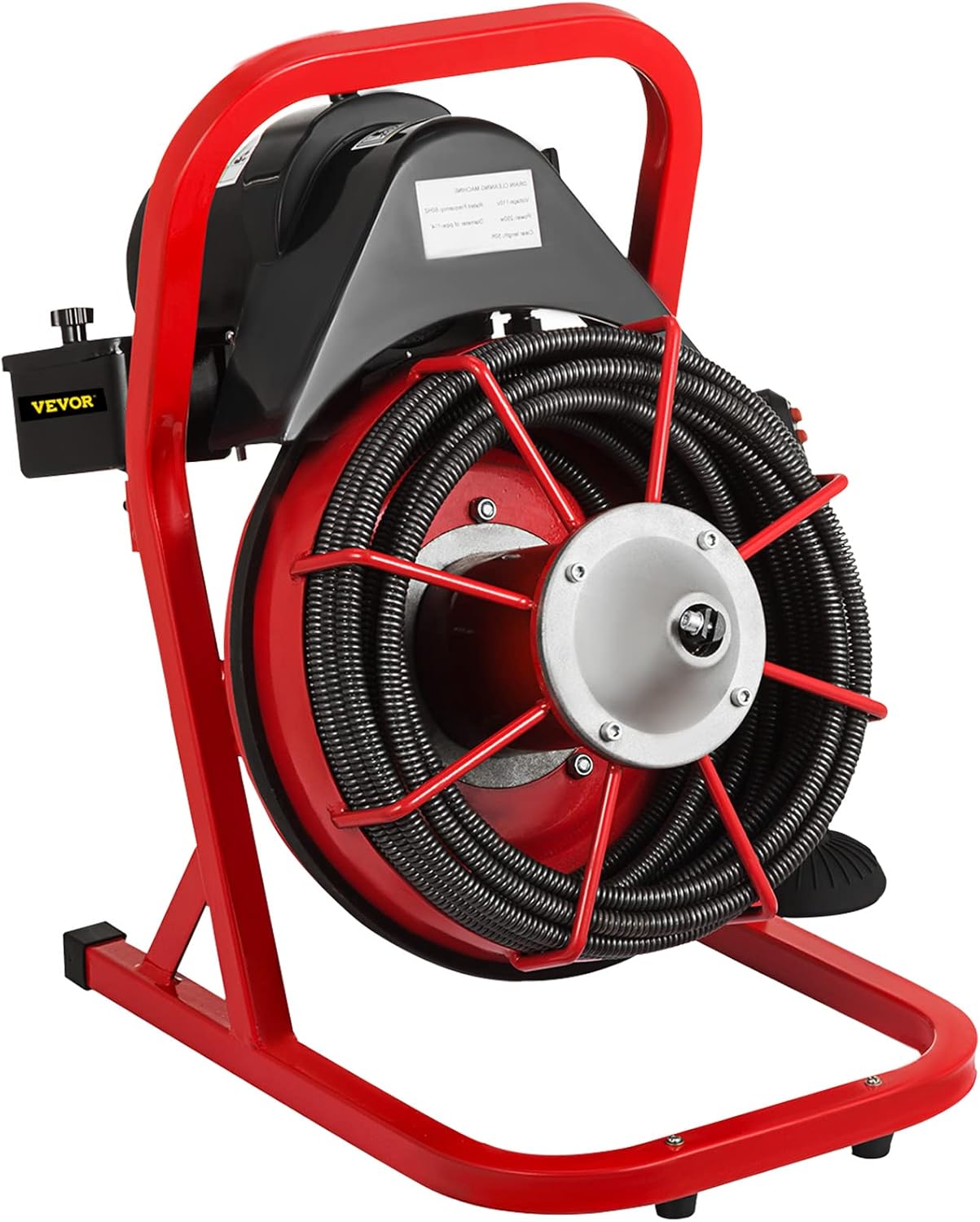 VEVOR 50 Ft x 3/8 Inch Machine Fits 1 to 4 Inch Pipes Portable Drain Cleaner with 8 Auger Bits, Red + Black