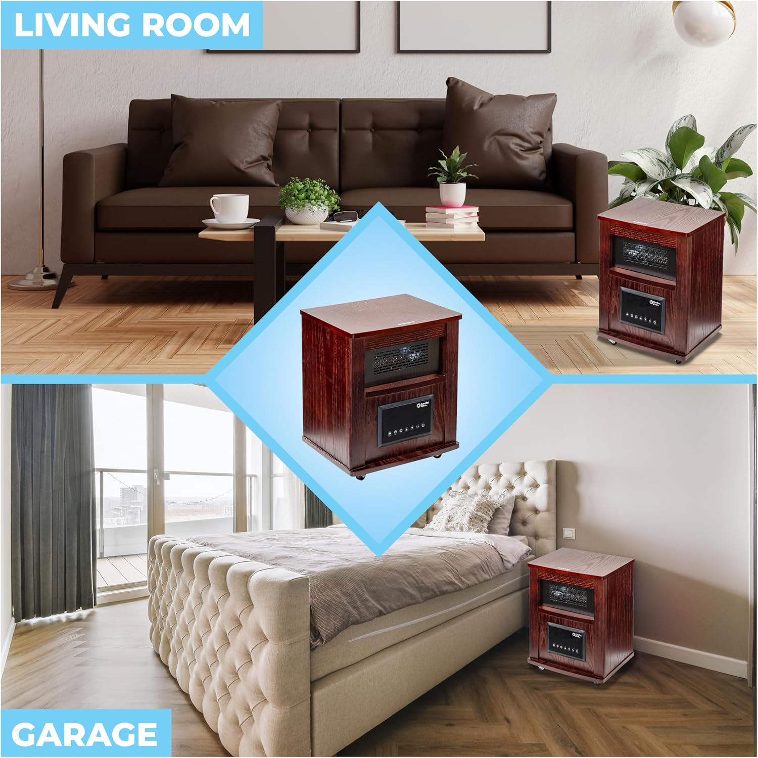 Comfort Zone Wood Cabinet Space Heater with Remote, 16 inch, Adjustable Thermostat, Digital Display, Overheat Protection, Electric, Infrared Quartz, Ideal for Home, Bedroom, & Office, 1,500W, CZ2032C