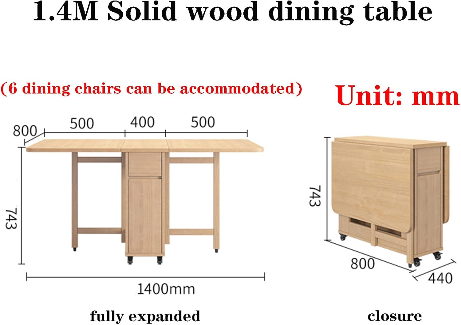 Extendable Dining Table, Solid Wood Drop Leaf Table, Folding Dining Table, Compact Dining Room Table with Storage Drawer, Space Saving Versatile Kitchen Table, 1.4M