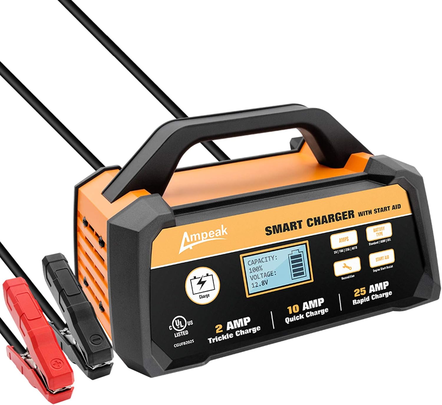Ampeak 6V 12V Smart Car Battery Charger and Maintainer 2A 8A Fully Automatic with Cable Clamps