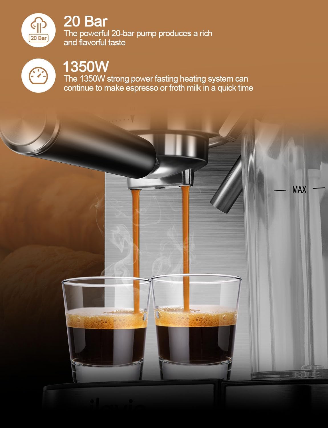 Espresso Machine 20 Bar, 6 in 1 Espresso Coffee Machine Built In Milk Frother for Espresso, Cappuccino and latte with 1000ML Water Tank, 1350W