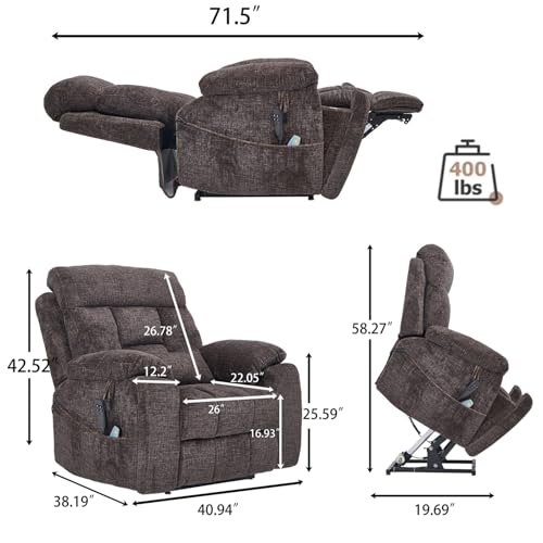 Light Grey Recliner Chair for Elderly | Tall and Big Man 400lbs | Chenille | Power Lift, Lay Flat, Stand Up, Wireless Charging Device, Extended Footrest, Massage Heat, Cup Holder, Lumbar Pillow