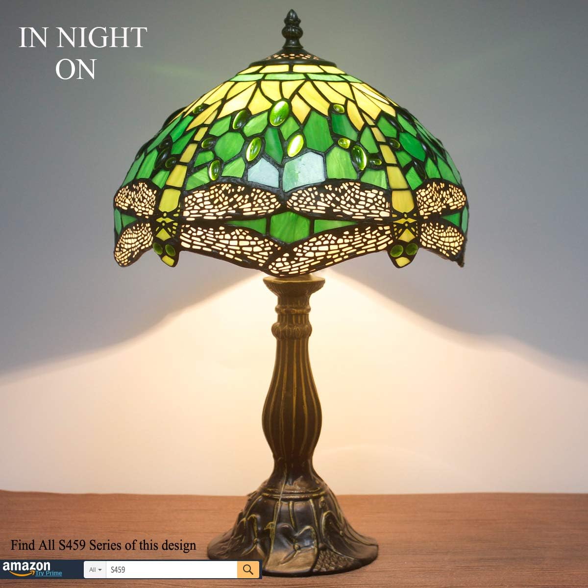 WERFACTORY Tiffany Lamp Green Stained Glass Bedside Table Lamp Dragonfly Style Desk Reading Light 12X12X18 Inches Decor Bedroom Living Room Home Office S459 Series