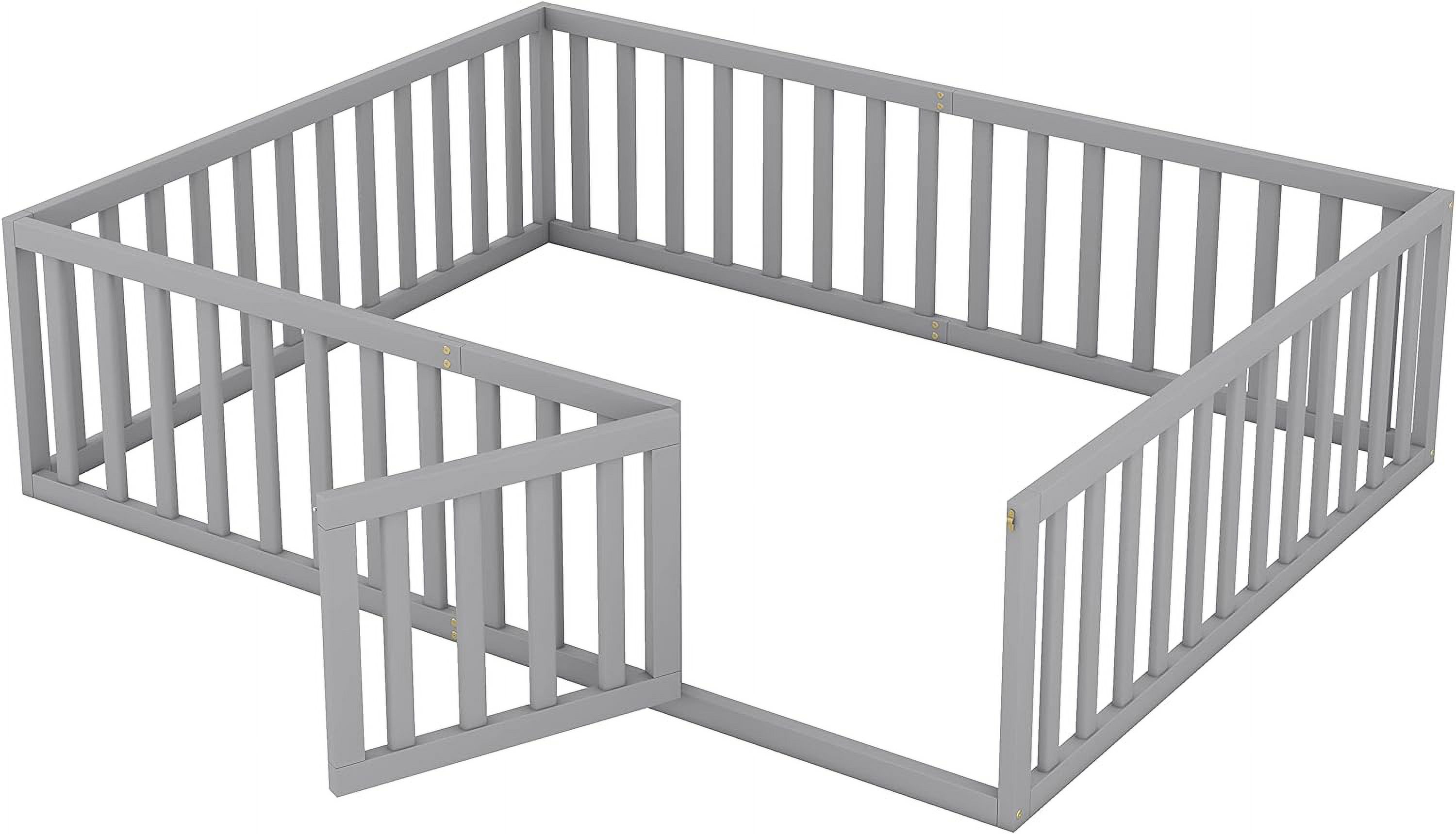 Queen Floor Bed With Fence For Kids, Montessori Floor Bed, Wood Platform Bed Frame Cabin Bed For Girls Boys, Gray