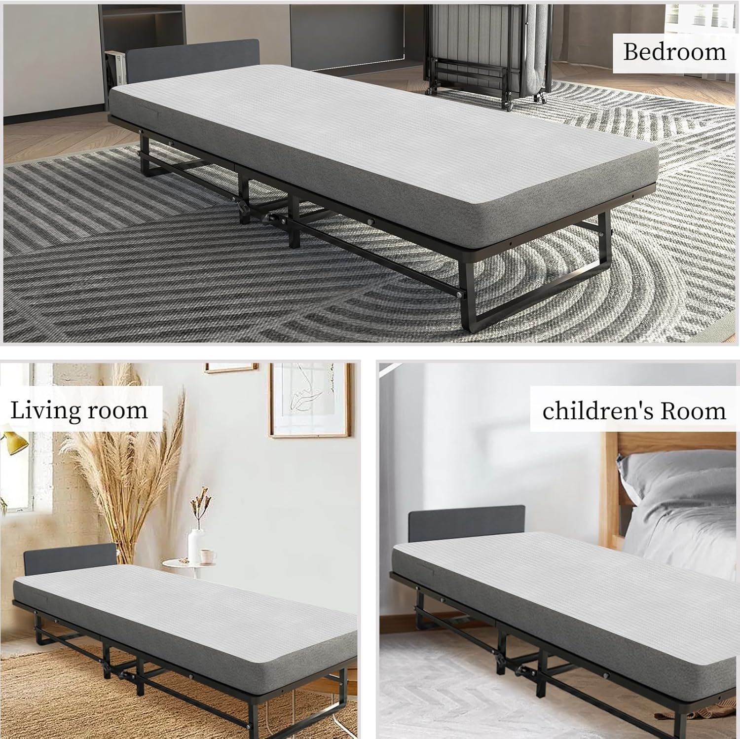 Folding Bed with 4-Inch Mattress, Metal Cot Size Rollaway Bed for Adults, Fold up Guest Bed on Wheels, 350-Pound Capacity